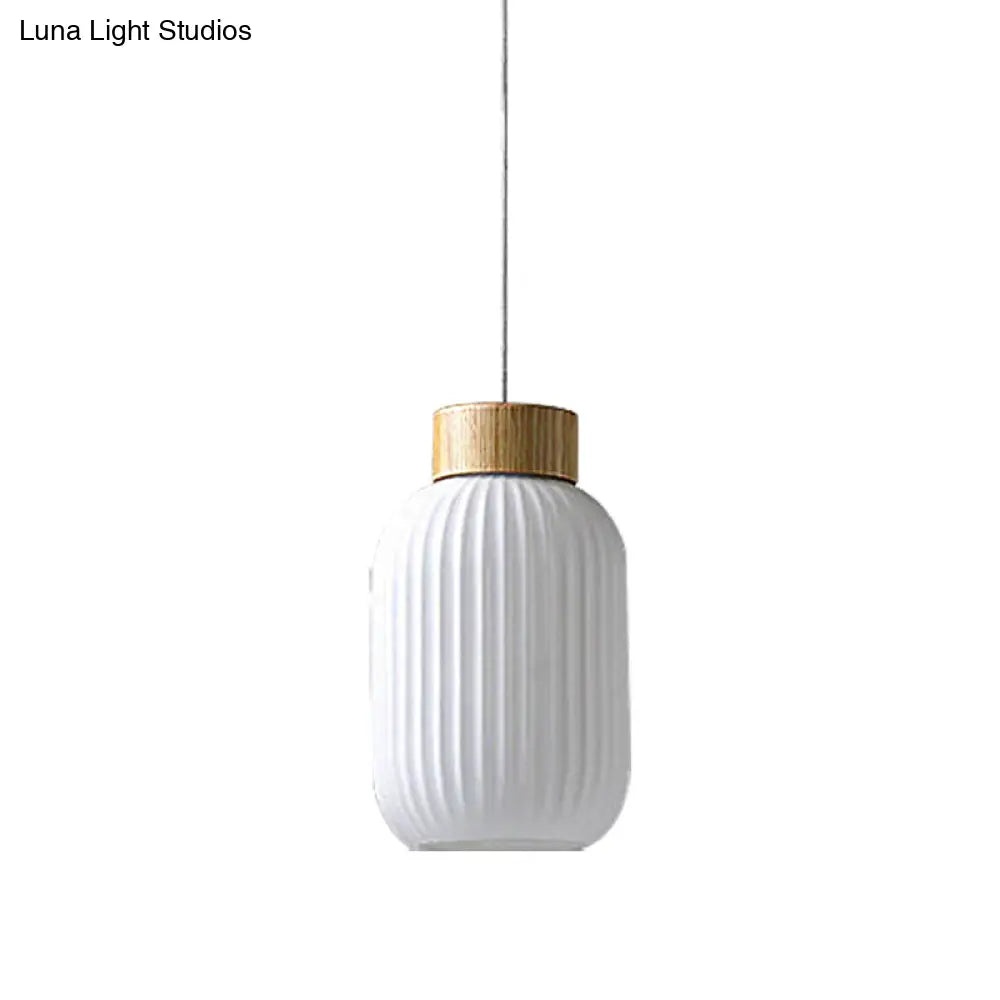 Modern 1-Light Milk Glass Ribbed Cylinder Pendant Light For Restaurants - 5.5 8 12 Diameter White