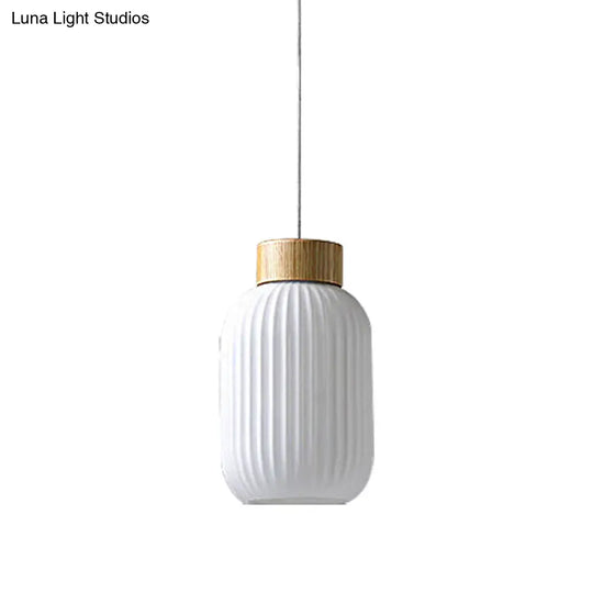 Modern 1-Light Milk Glass Ribbed Cylinder Pendant Light For Restaurants - 5.5 8 12 Diameter White