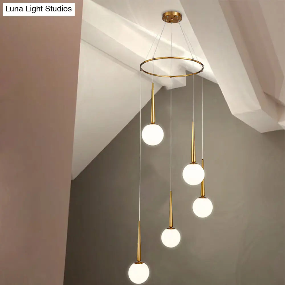 Modern Milky Glass Ball Pendant Light Fixture With Metal Ring Top