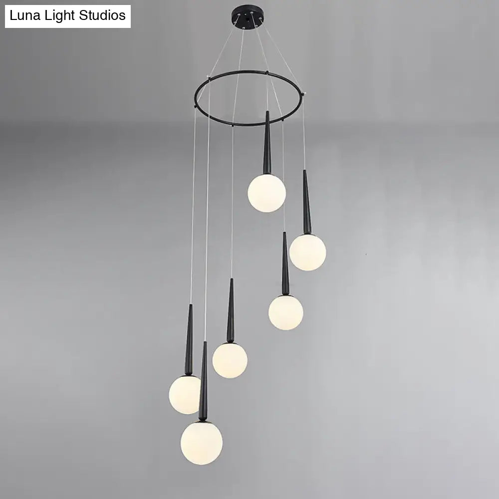 Modern Milky Glass Ball Pendant Light Fixture With Metal Ring Top