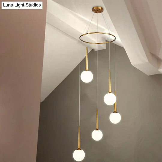 Modern Milky Glass Ball Cluster Pendant Light With Metal Ring Top