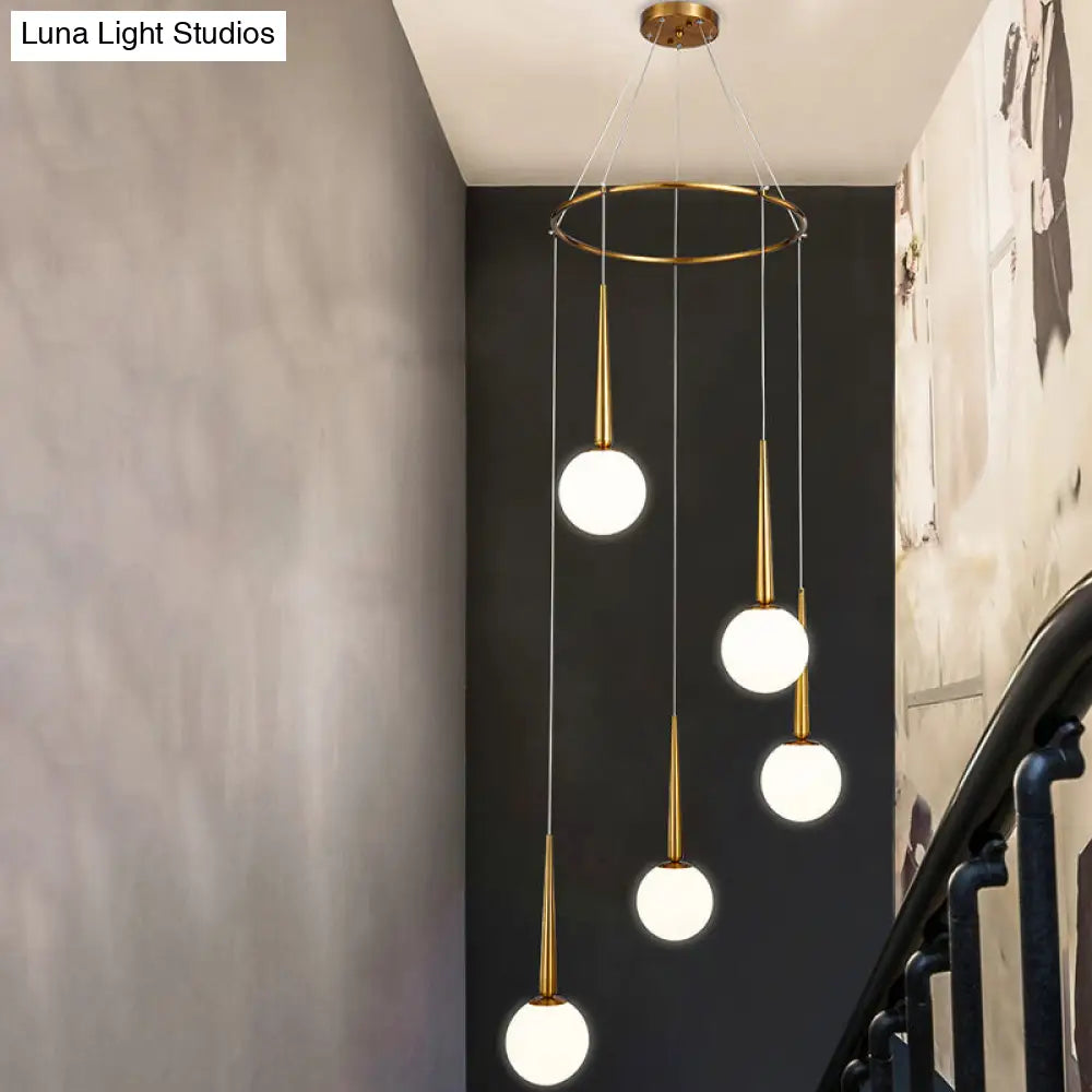 Modern Milky Glass Ball Cluster Pendant Light With Metal Ring Top 5 / Gold