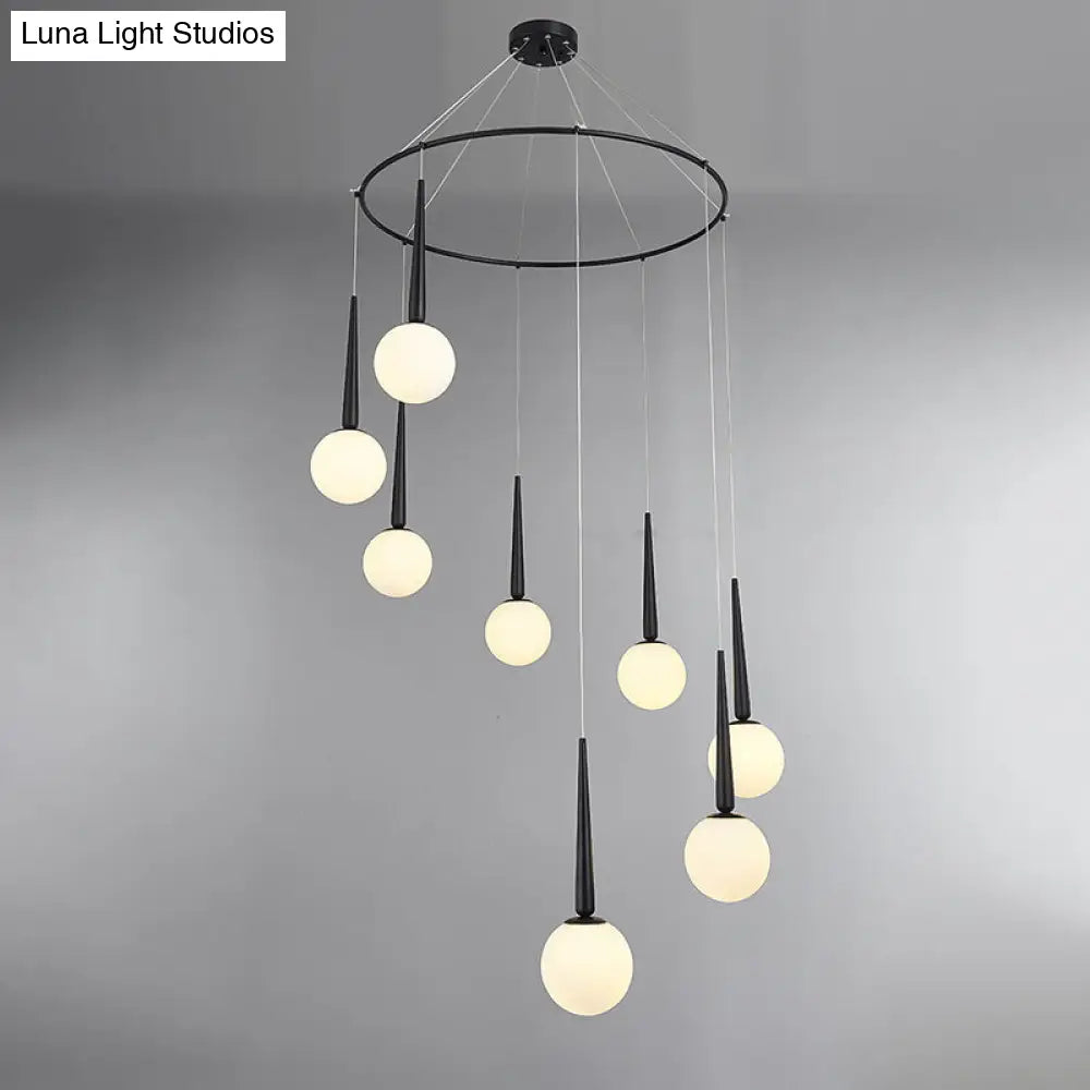 Modern Milky Glass Ball Cluster Pendant Light With Metal Ring Top 8 / Black