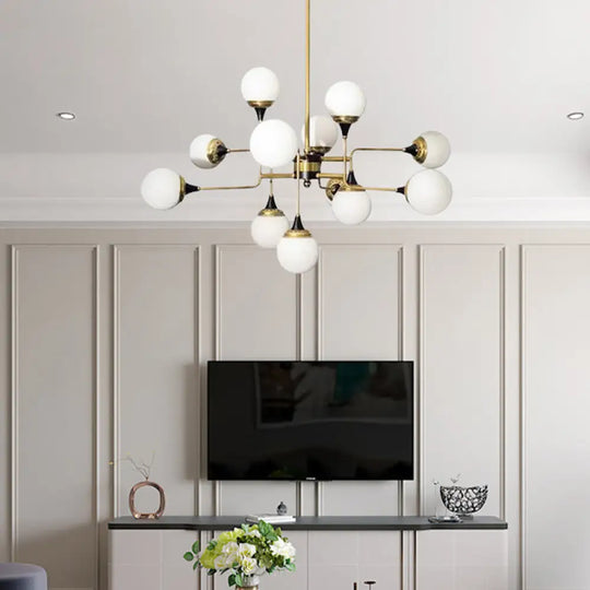 Modern Milky Glass Bubble Chandelier - Gold And Black Pendant Light Fixture For Dining Room (12