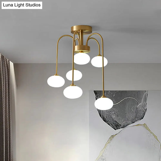 Modern Milky Glass Oval Semi Flush Gold Ceiling Mount Light Fixture With Metal Curvy Arm - 4/6 Heads