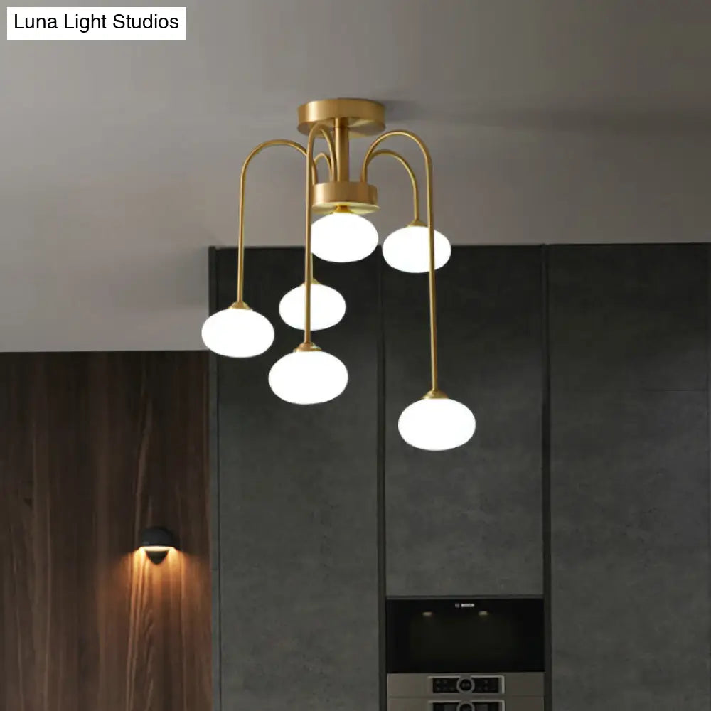 Modern Milky Glass Oval Semi Flush Gold Ceiling Mount Light Fixture With Metal Curvy Arm - 4/6 Heads