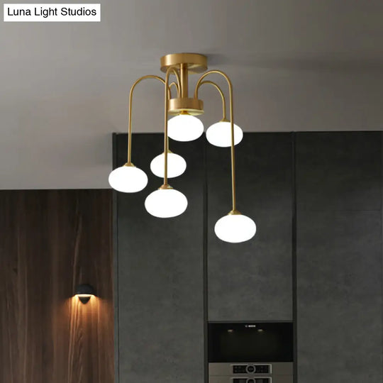 Modern Milky Glass Oval Semi Flush Gold Ceiling Mount Light Fixture With Metal Curvy Arm - 4/6 Heads