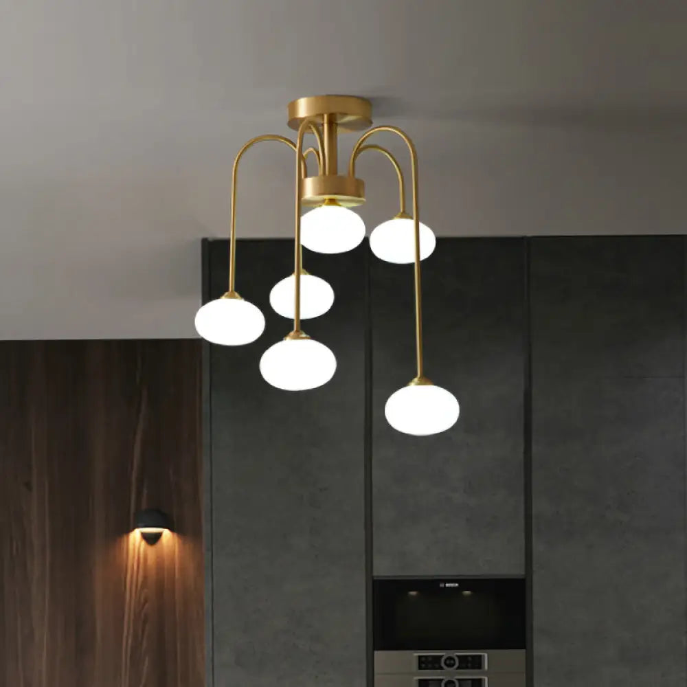 Modern Milky Glass Oval Semi Flush Gold Ceiling Mount Light Fixture With Metal Curvy Arm - 4/6