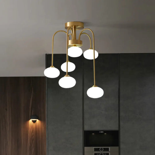 Modern Milky Glass Oval Semi Flush Gold Ceiling Mount Light Fixture With Metal Curvy Arm - 4/6