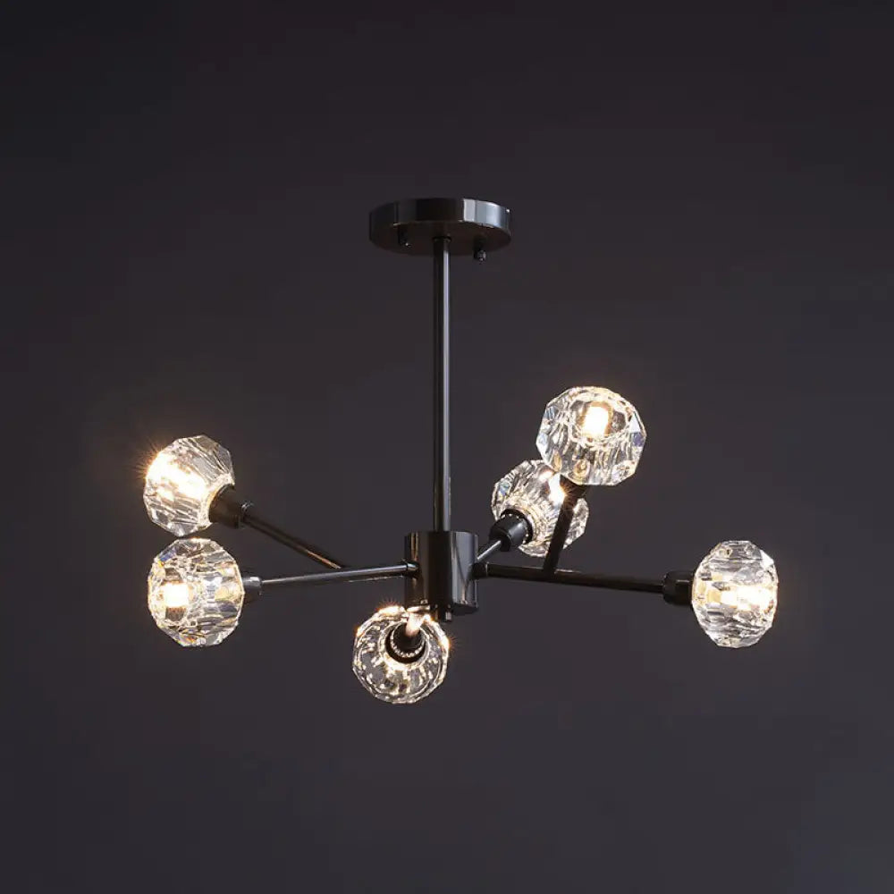 Modern Mini Globe Crystal Chandelier - Black Finish Pendant Light For Living Room 6 / Round