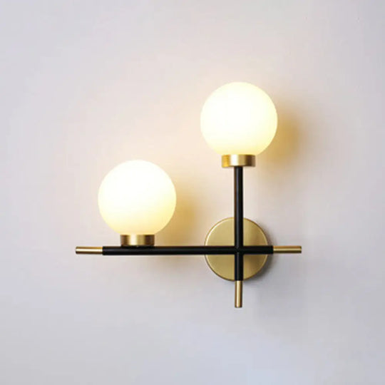 Modern Mini Globe Milk Glass Wall Sconce - 2-Light Black Fixture For Foyer / Left