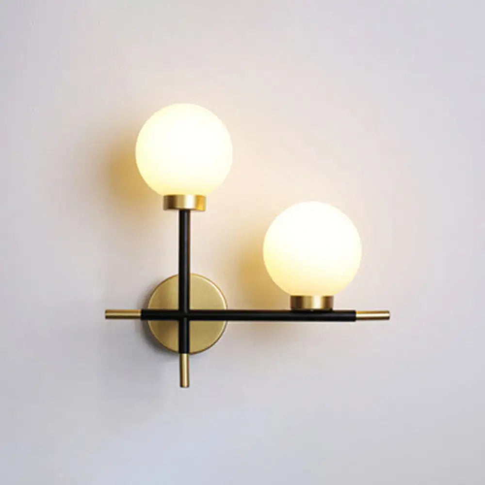 Modern Mini Globe Milk Glass Wall Sconce - 2-Light Black Fixture For Foyer / Right