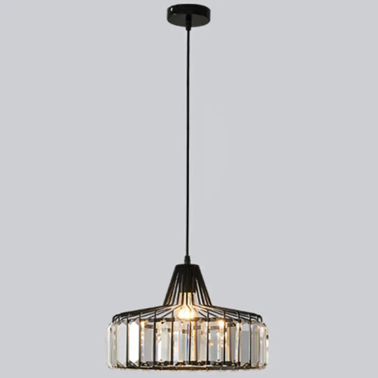 Modern Minimalist Drum Crystal Pendant Light With 1-Light For Dining Room Hanging Black / 10’