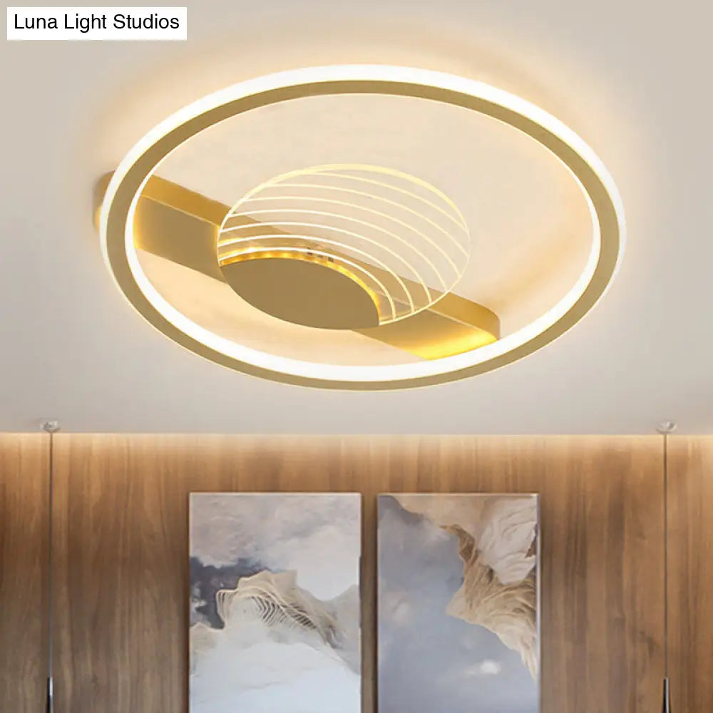 Modern Minimalistic Ceiling Lamp: Metallic Circle And Line Design Led Flush Mount Fixture For