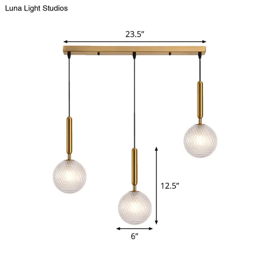 Modern Modo 3-Head Pendant Lamp With Clear Lattice Glass - Dining Room Cluster Light In Brass