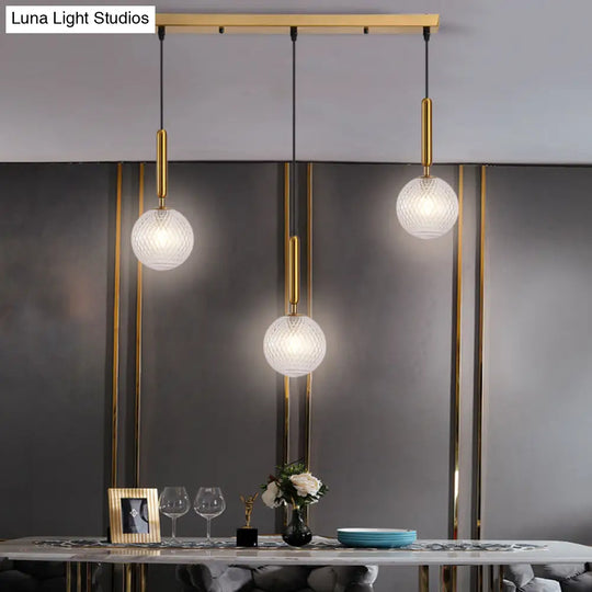 Modern Modo 3-Head Pendant Lamp With Clear Lattice Glass - Dining Room Cluster Light In Brass