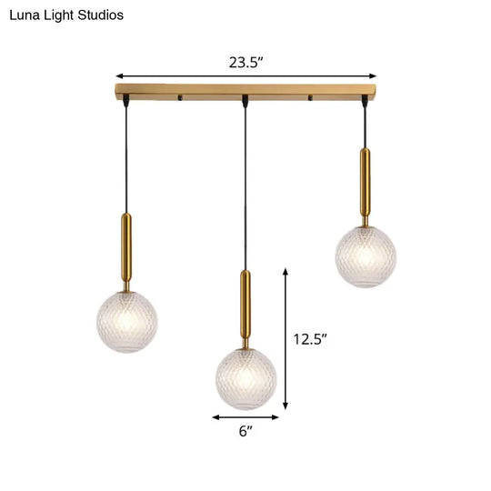 Modo Clear Lattice Glass Pendant Lamp In Brass - Modern 3-Head Dining Room Cluster Light 6/8 Wide