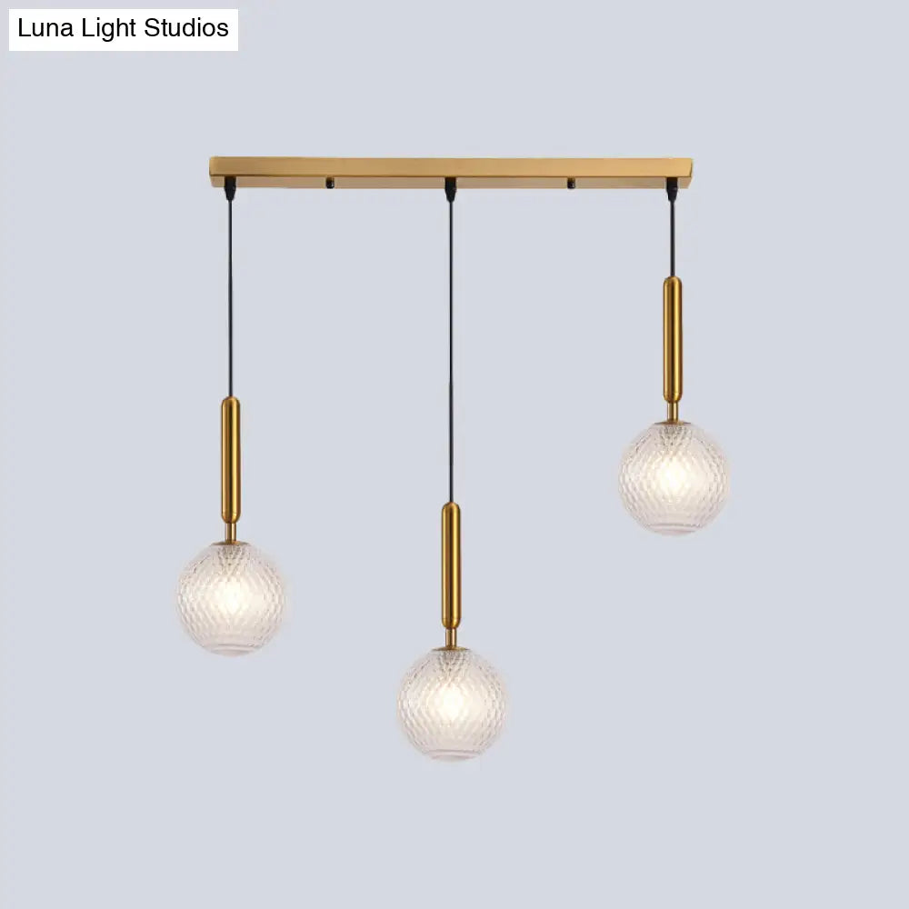 Modern Modo 3-Head Pendant Lamp With Clear Lattice Glass - Dining Room Cluster Light In Brass