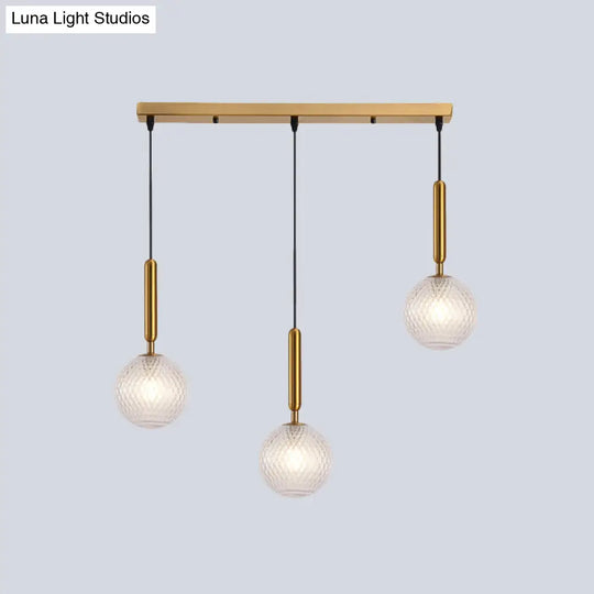 Modern Modo 3-Head Pendant Lamp With Clear Lattice Glass - Dining Room Cluster Light In Brass