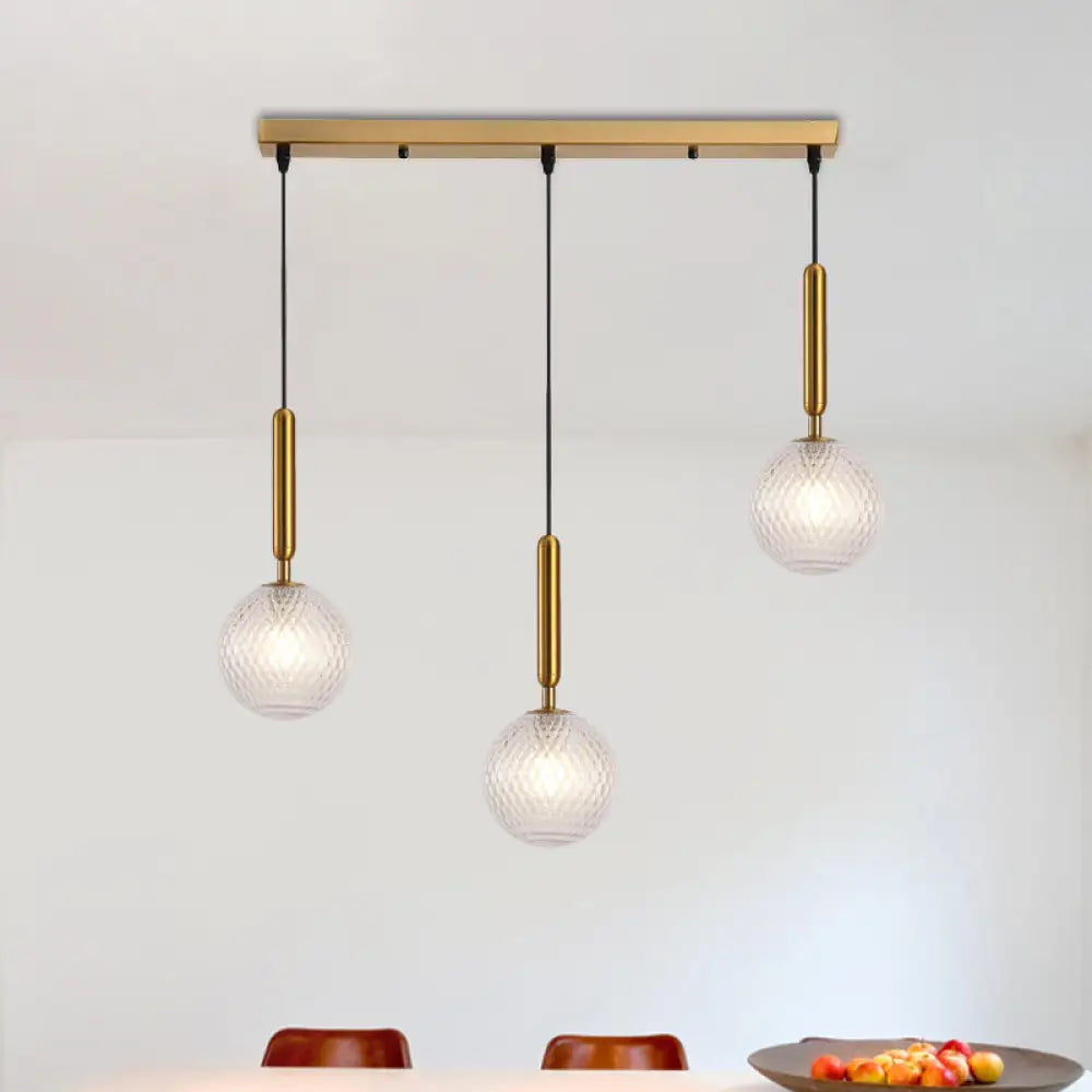 Modern Modo 3-Head Pendant Lamp With Clear Lattice Glass - Dining Room Cluster Light In Brass