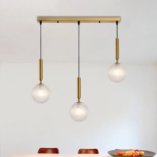 Modern Modo 3-Head Pendant Lamp With Clear Lattice Glass - Dining Room Cluster Light In Brass