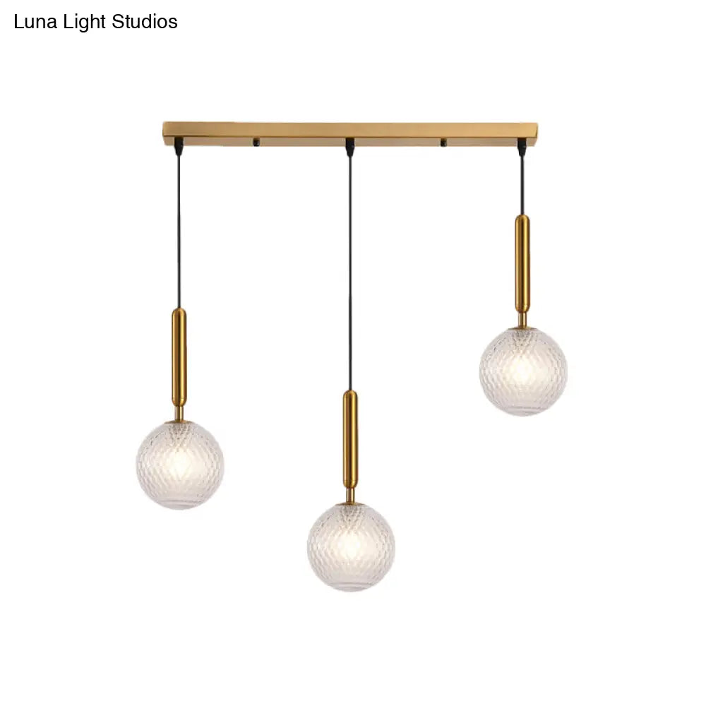 Modern Modo 3-Head Pendant Lamp With Clear Lattice Glass - Dining Room Cluster Light In Brass