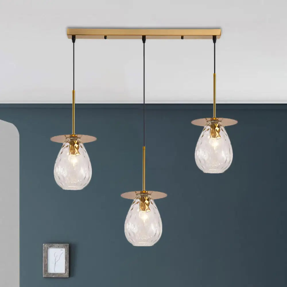 Modern Modo 3-Head Pendant Lamp With Clear Lattice Glass - Dining Room Cluster Light In Brass