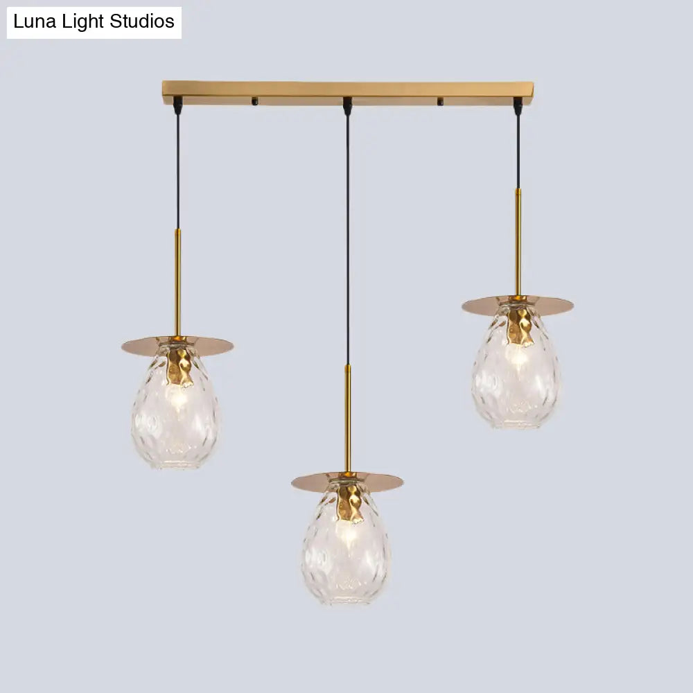 Modern Modo 3-Head Pendant Lamp With Clear Lattice Glass - Dining Room Cluster Light In Brass