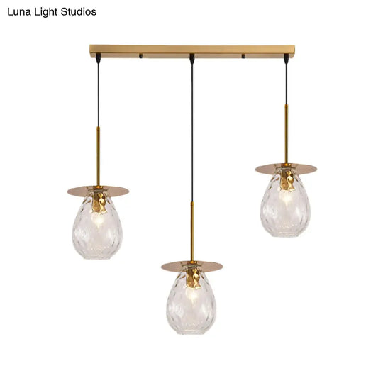 Modern Modo 3-Head Pendant Lamp With Clear Lattice Glass - Dining Room Cluster Light In Brass