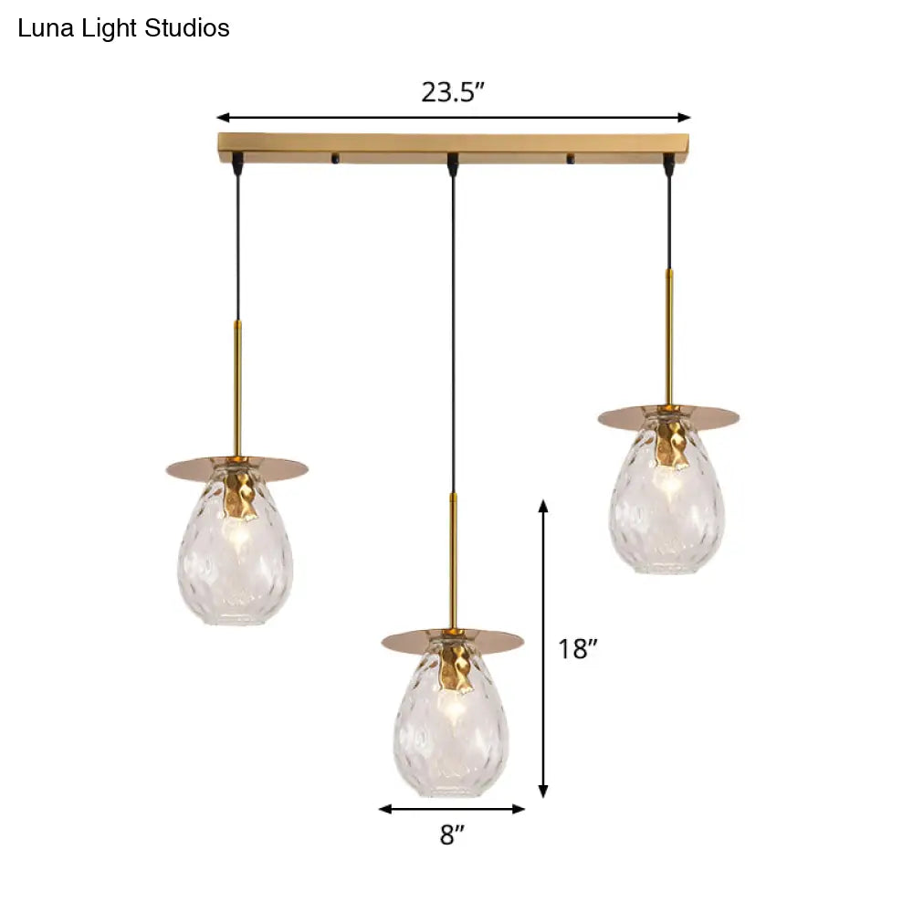 Modern Modo 3-Head Pendant Lamp With Clear Lattice Glass - Dining Room Cluster Light In Brass