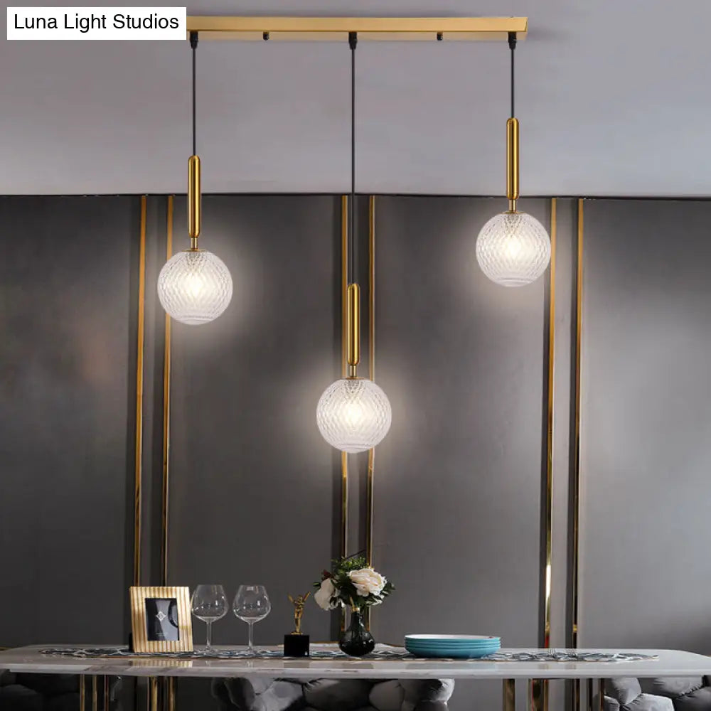 Modo Clear Lattice Glass Pendant Lamp In Brass - Modern 3-Head Dining Room Cluster Light 6/8 Wide