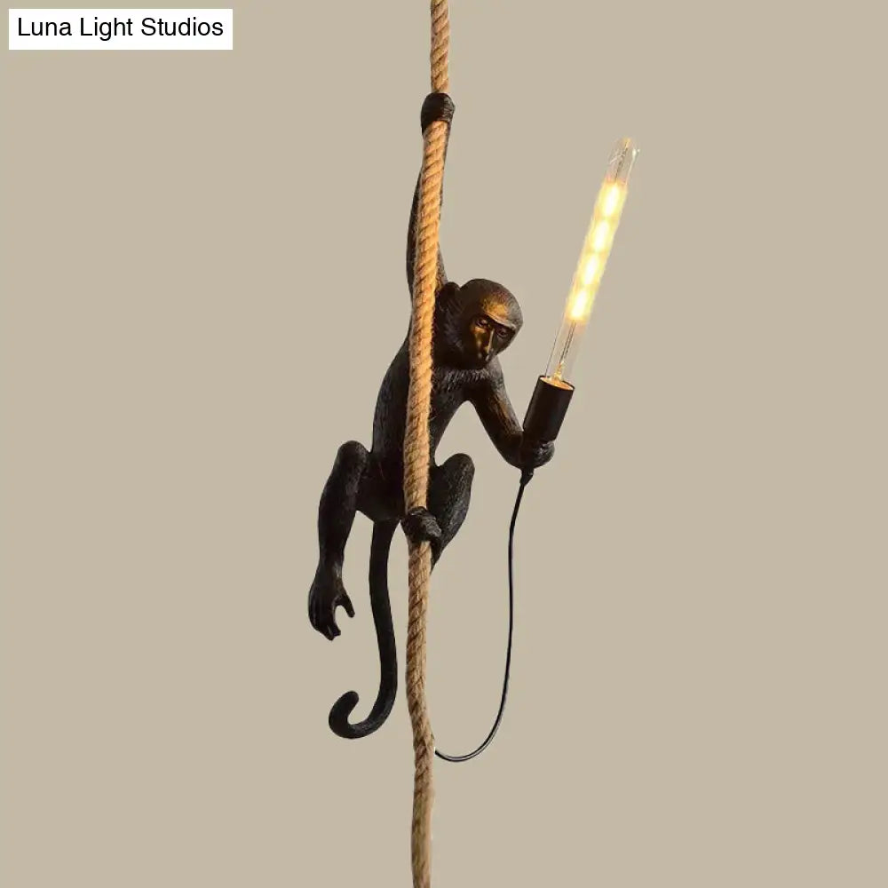 Modern Monkey Ceiling Light Resin Single-Bulb Restaurant Hanging Pendant With Hemp Rope