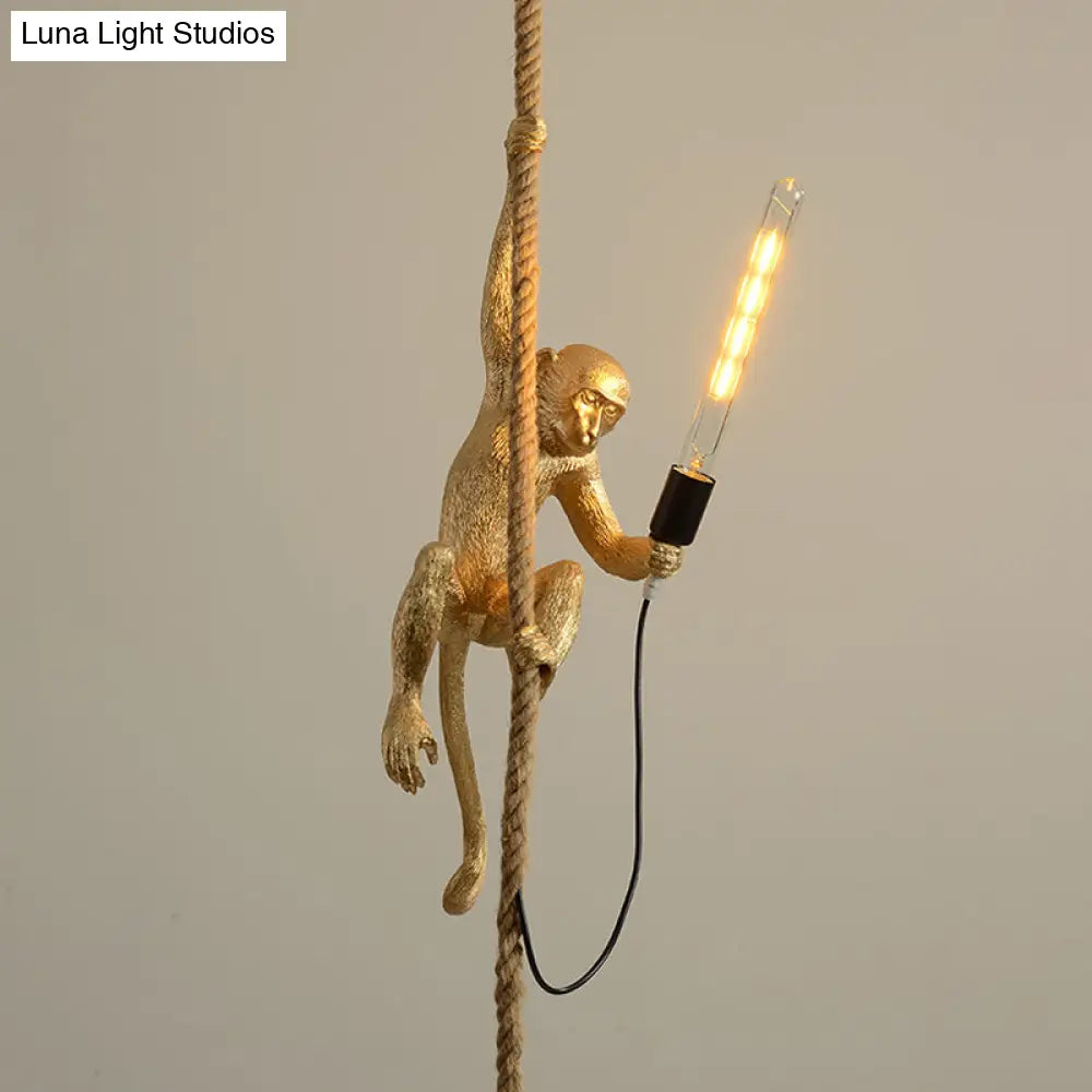 Modern Monkey Ceiling Light Resin Single-Bulb Restaurant Hanging Pendant With Hemp Rope