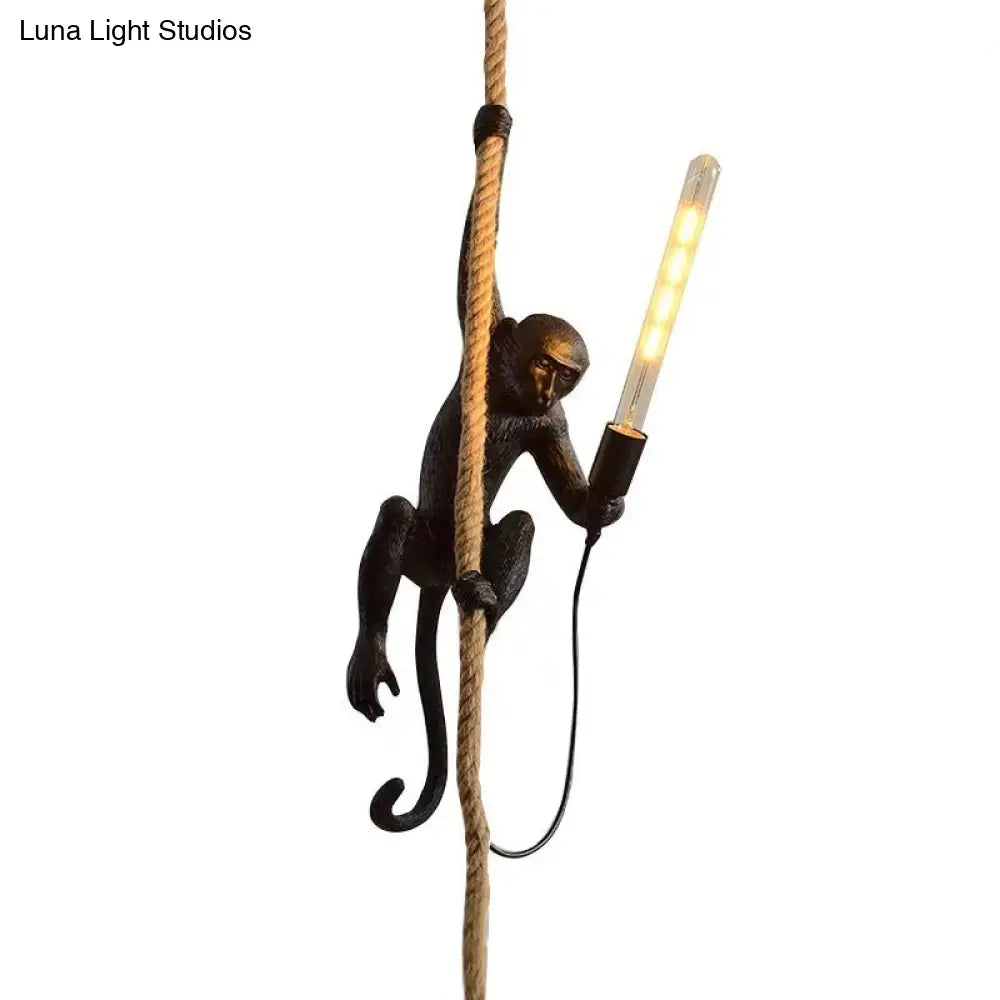 Modern Monkey Ceiling Light Resin Single-Bulb Restaurant Hanging Pendant With Hemp Rope