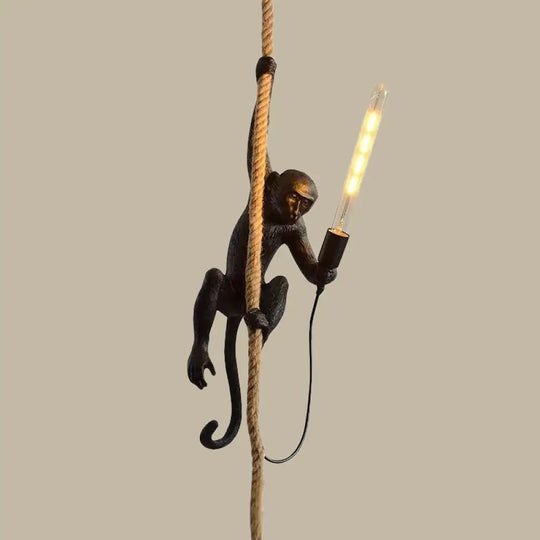 Modern Monkey Ceiling Light Resin Single-Bulb Restaurant Hanging Pendant With Hemp Rope Black