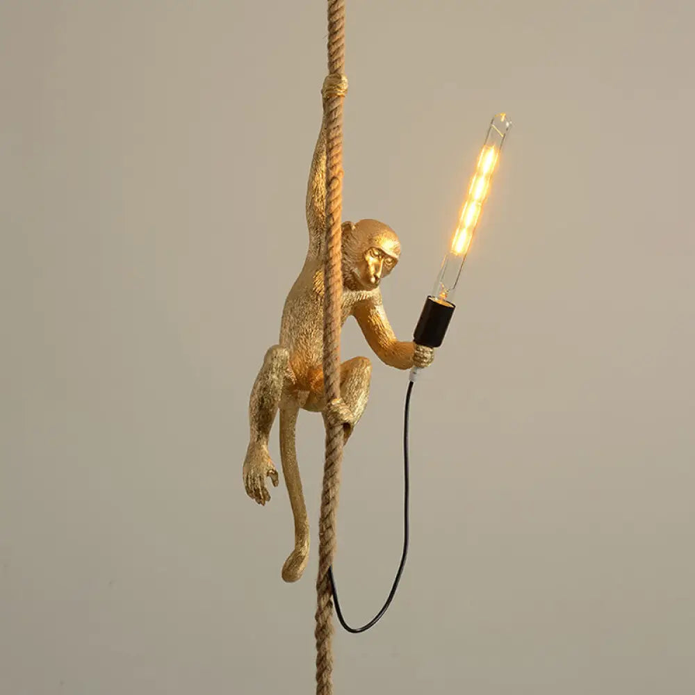 Modern Monkey Ceiling Light Resin Single-Bulb Restaurant Hanging Pendant With Hemp Rope Gold