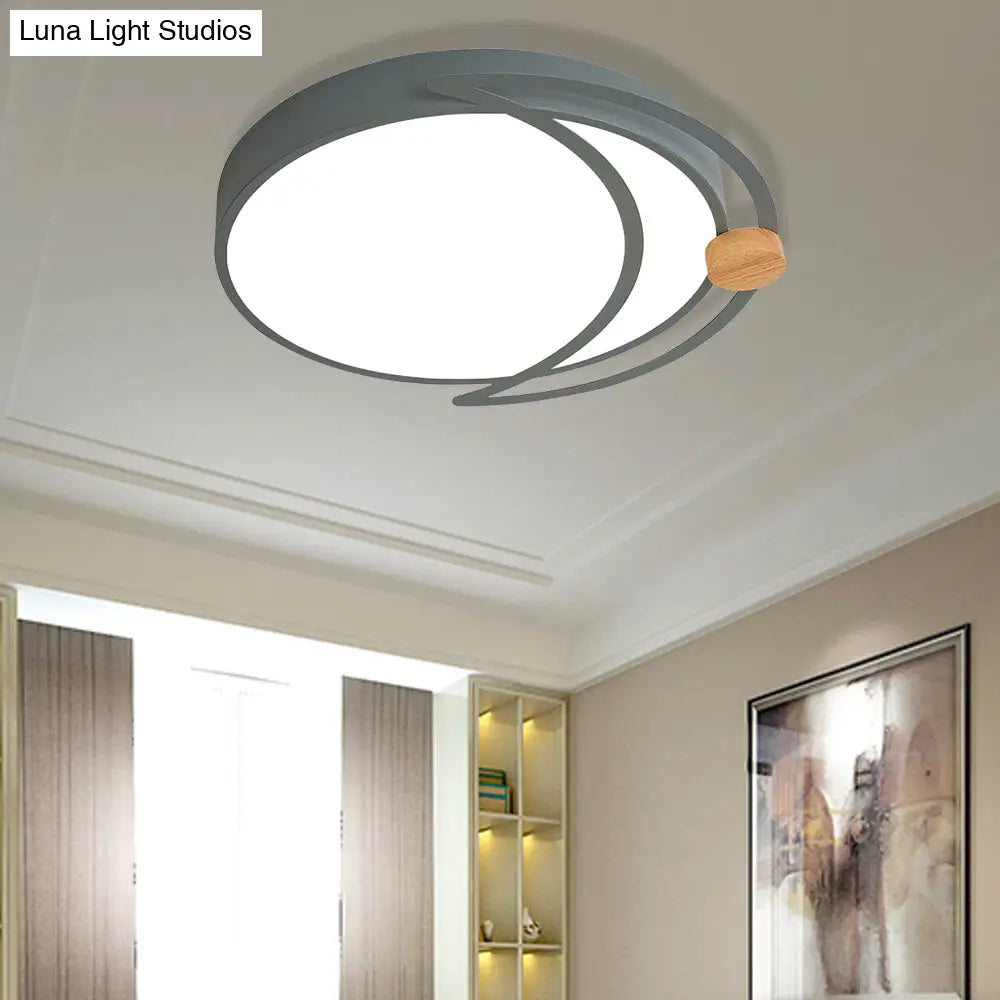 Modern Moon Eclipse Led Bedroom Flush Mount Ceiling Light In Grey/White/Green With Wood Accent Grey