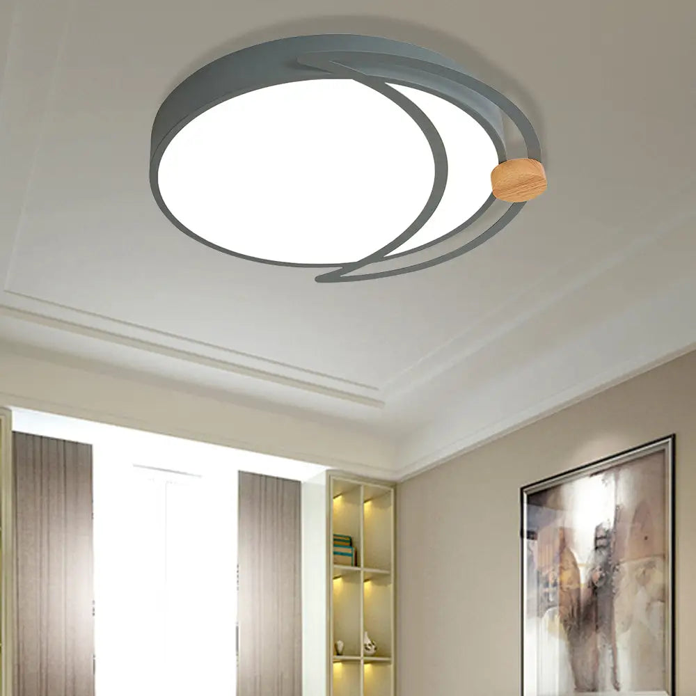 Modern Moon Eclipse Led Bedroom Flush Mount Ceiling Light In Grey/White/Green With Wood Accent Grey