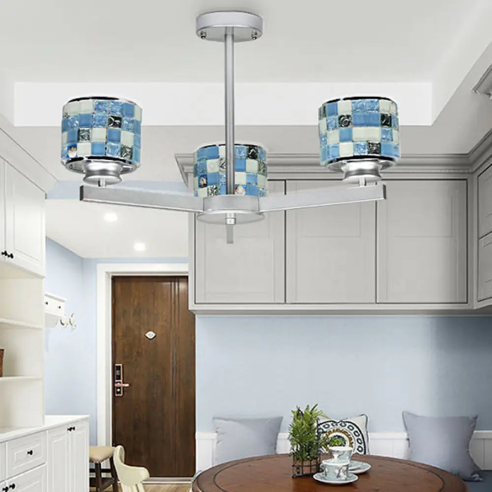 Modern Mosaic Chandelier With Drum Shade - 3 Lights Blue/Yellow Perfect For Bathrooms Blue