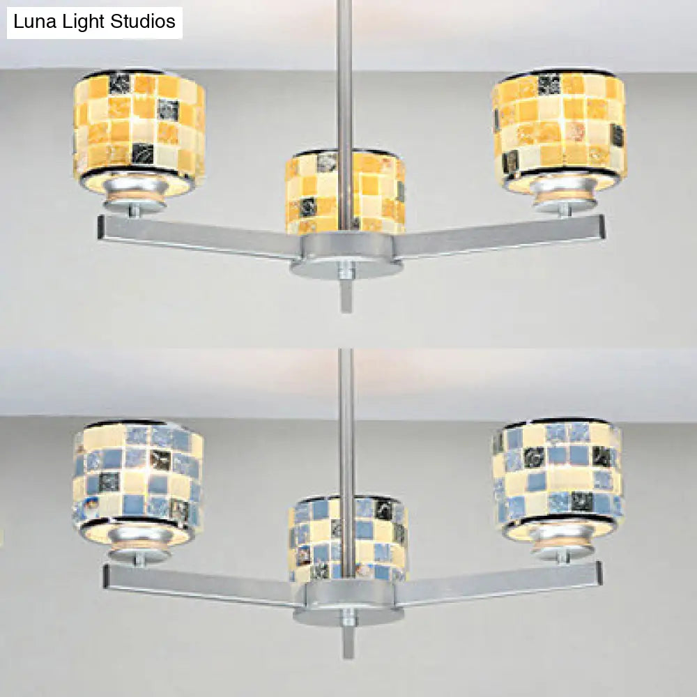 Mosaic Chandelier With Drum Shade - 3 Light Modern Pendant For Indoor Use In Blue/Yellow Ideal