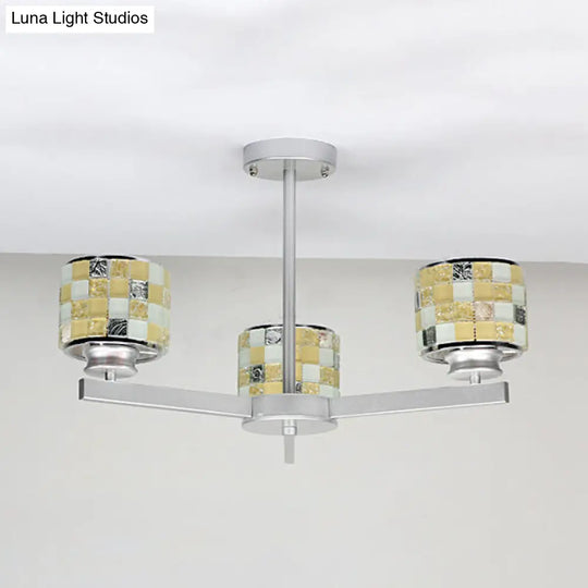 Mosaic Chandelier With Drum Shade - 3 Light Modern Pendant For Indoor Use In Blue/Yellow Ideal