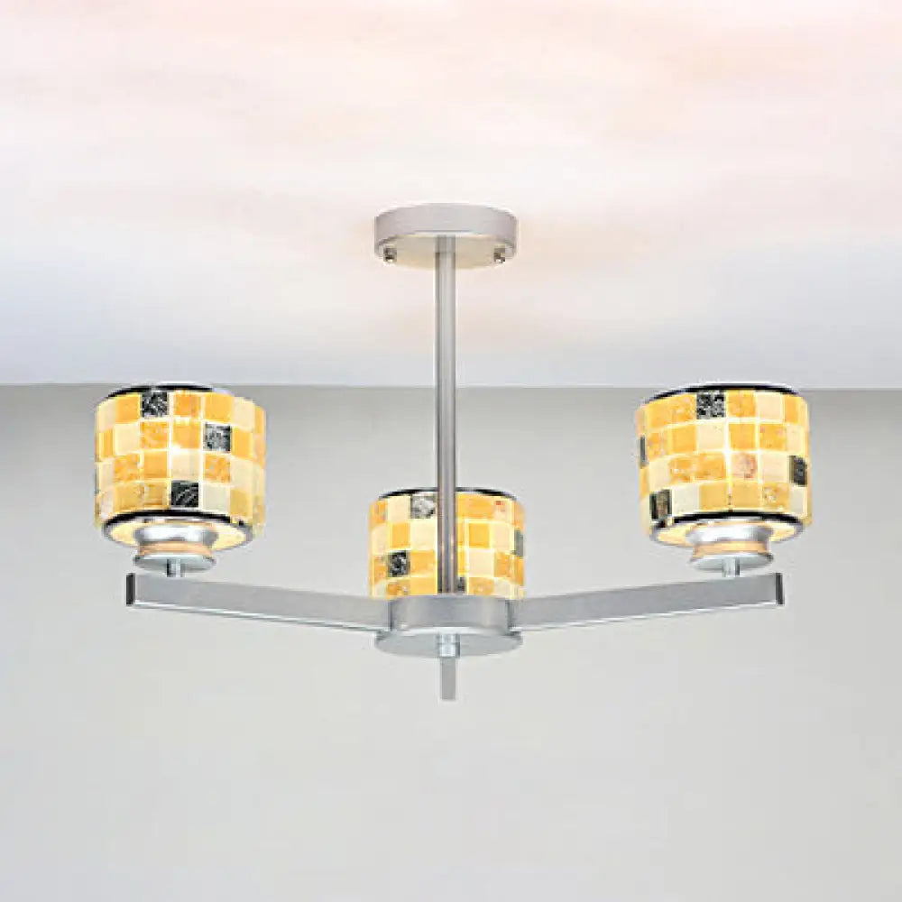 Modern Mosaic Chandelier With Drum Shade - 3 Lights Blue/Yellow Perfect For Bathrooms Yellow