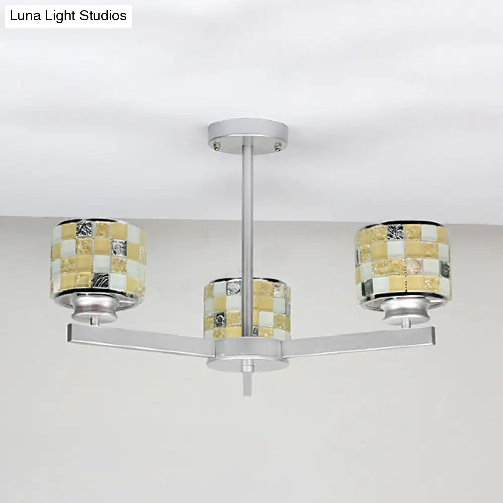 Modern Mosaic Chandelier With Drum Shade - 3 Lights Blue/Yellow Perfect For Bathrooms