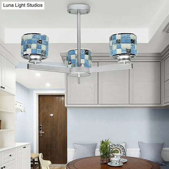 Mosaic Chandelier With Drum Shade - 3 Light Modern Pendant For Indoor Use In Blue/Yellow Ideal