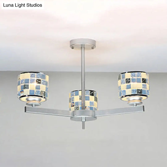 Modern Mosaic Chandelier With Drum Shade - 3 Lights Blue/Yellow Perfect For Bathrooms