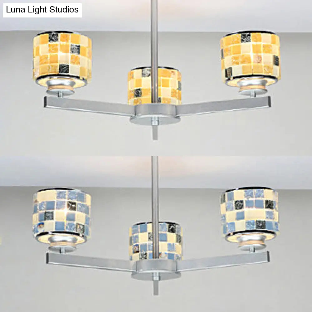 Modern Mosaic Chandelier With Drum Shade - 3 Lights Blue/Yellow Perfect For Bathrooms