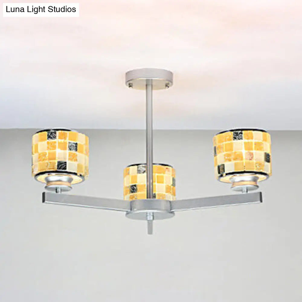 Mosaic Chandelier With Drum Shade - 3 Light Modern Pendant For Indoor Use In Blue/Yellow Ideal