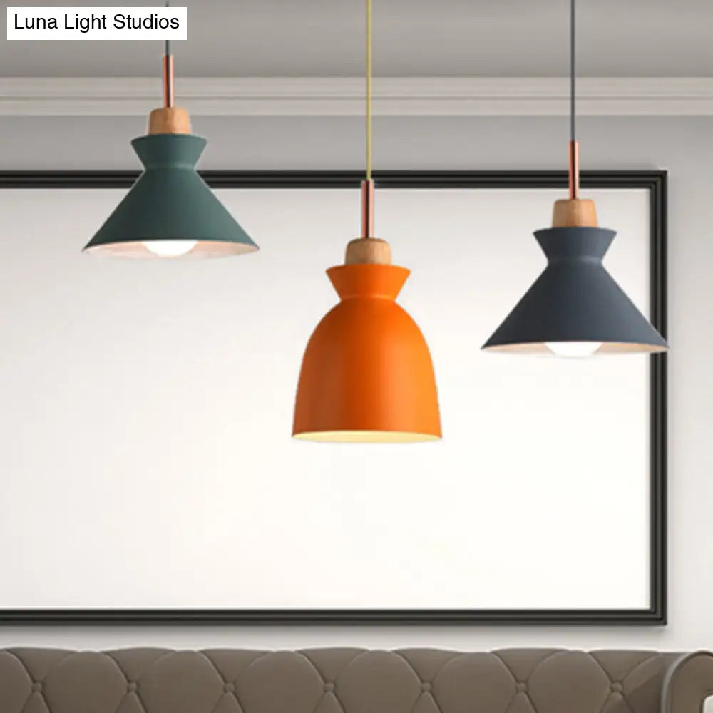 Modern 3-Light Metal Pendant With Multi-Color Cones And Domes Hanging From Linear/Round Canopy -