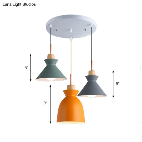 Modern Multi-Color Cone And Dome Pendant Light With 3 Metal Lights - Linear/Round Canopy