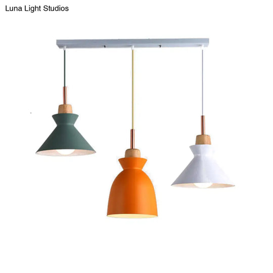 Modern 3-Light Metal Pendant With Multi-Color Cones And Domes Hanging From Linear/Round Canopy -